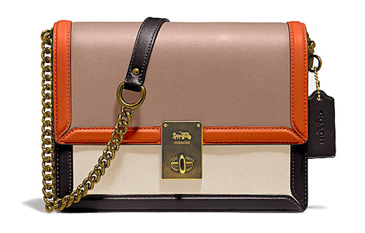 COACH Hutton Leather Small Square Bag Shoulder Bag Women's Orange, Brown & Beige Multicolor