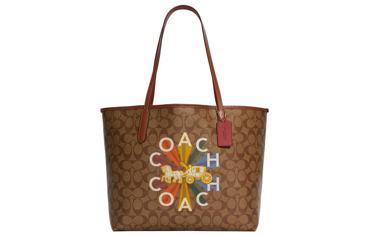 COACH City Canvas With Leather Tote Bag, Shopping Bag, Handbag, Shoulder Bag Women's Khaki