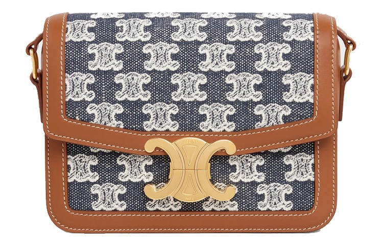 CELINE Teen Triomphe Embroidery Fabric With Cow Leather Shoulder Bag, Crossbody Bag Women's Marine Blue & Tawny
