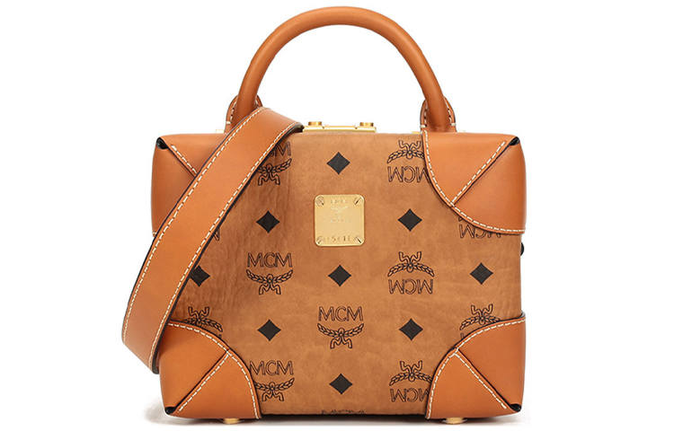 MCM Soft Berlin Visetos Leather Box Bag Handbag Women's Brown & Cognac