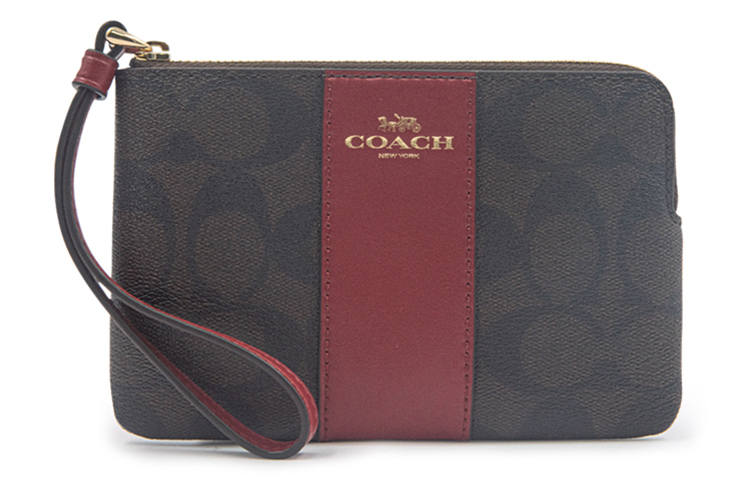 COACH Corner Zip Monogram Canvas With Leather Wrist Bag, Clutch, Coin Purse Women's Dark Brown & Red