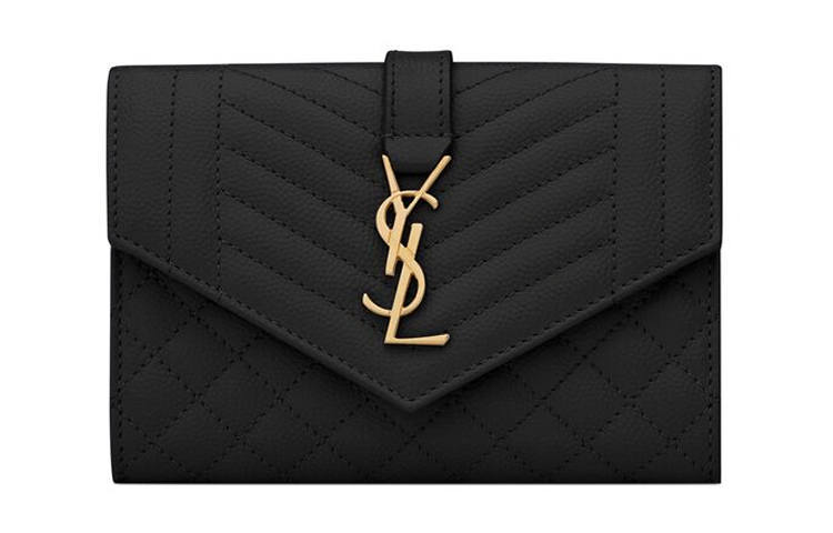 SAINT LAURENT Grain Embossed Leather Envelope Wallet Small Women's Black