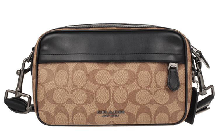 COACH Graham Cow Leather Camera Bag, Shoulder Bag, Crossbody Bag Medium Men's Black & Khaki & Brown Monogram