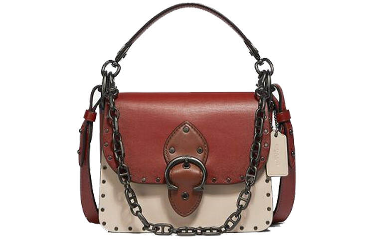 COACH Beat Leather Square Bag, One Shoulder Handbag, Crossbody Bag Small Women's Red White
