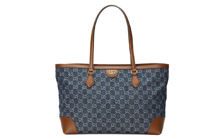 GUCCI Ophidia Denim With Leather Tote Bag, Shopping Bag, Shoulder Bag, Handbag Medium Women's Gray Blue/Brown
