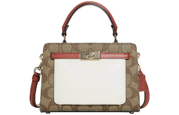 COACH Lane Canvas With Leather Handbag, Shoulder Bag, Crossbody Bag Women's Khaki & White