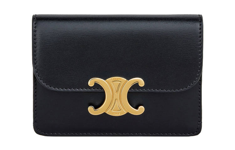 CELINE Triumphal Arch Cow Leather Coin Purse, Card Holder Women's Black