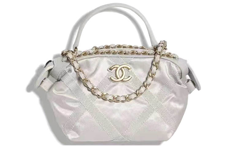 CHANEL Satin, Nylon Tote Bag, Shopping Bag, Handbag Women's Silver Gray