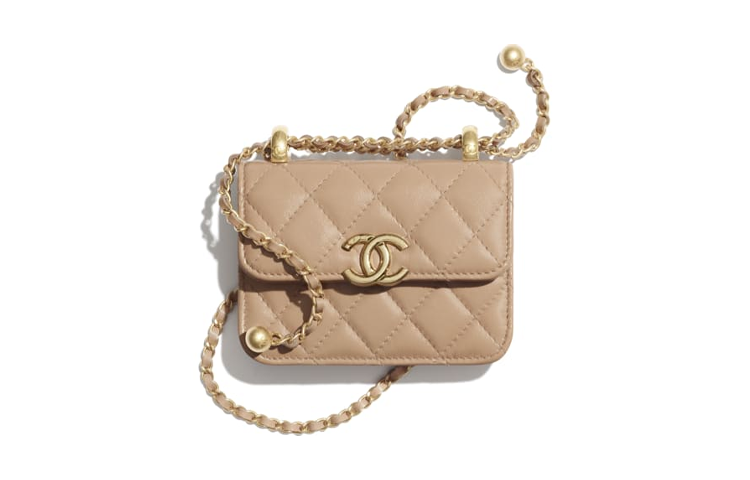 CHANEL Calfskin, Gold Metal Crossbody Bag, Coin Purse Women's Beige