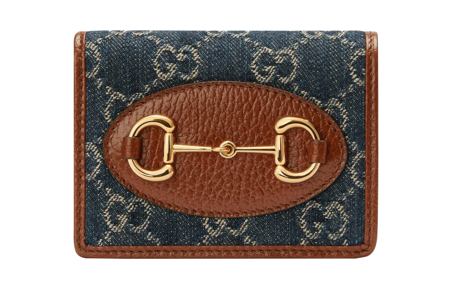 GUCCI Horsebit 1955 Canvas Wallet, Card Holder Women's Brown & Blue