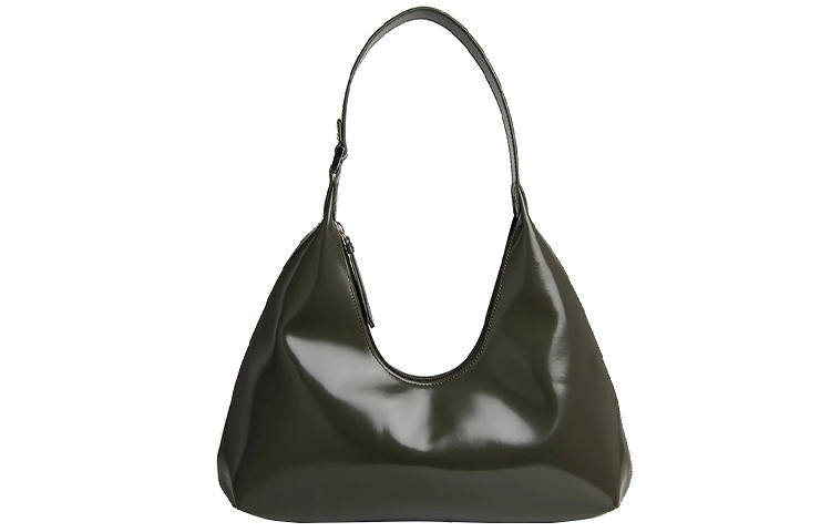 By Far Amber Cow Leather, Semi Patent Leather Half Moon Shoulder Bag, Handbag, Shoulder Bag Large Women's Dark Green