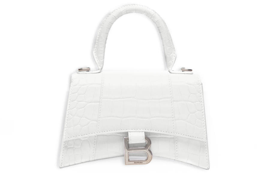 Balenciaga Hourglass Crocodile Embossed Top Handle Bag Xs White