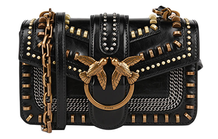 PINKO Cow Leather Swallow Bag, Shoulder Bag, Crossbody Bag Women's Black/Black Gold