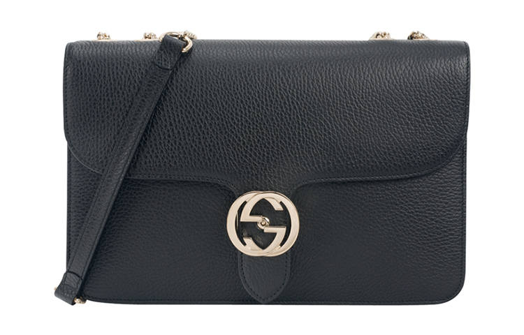 GUCCI Litchi Grain Leather Messenger Bag, Trunk Bag, Shoulder Bag, Crossbody Bag Large Women's Black
