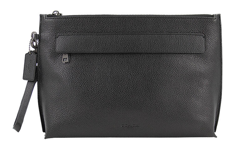 COACH Pouch Polished Pebbled Leather Wrist Bag Clutch Large Men's Black