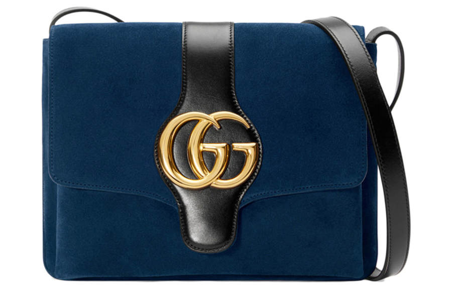 GUCCI Bamboo 1947 Suede Patchwork Leather Shoulder Bag, Crossbody Bag Medium Women's Dark Blue