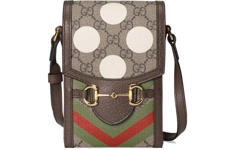 GUCCI Horsebit 1955 Canvas With Leather Cell Phone Pouch, Shoulder Bag, Crossbody Bag Mini Unisex Ebony/Brown