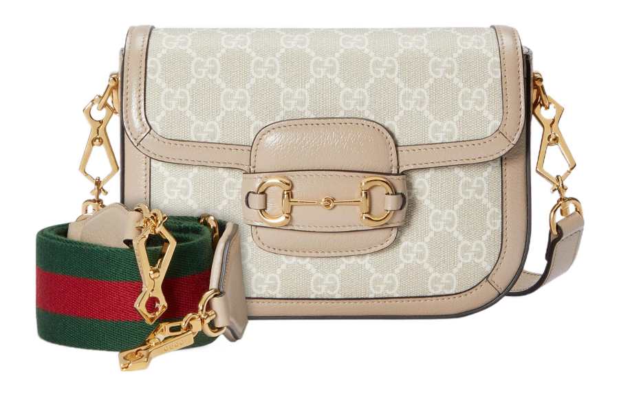 GUCCI Horsebit 1955 Canvas With Leather Crossbody Bags Mini Women's Beige & White