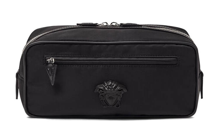 VERSACE Nylon Fabric, Cow Leather Toiletry Bag Clutch Unisex Black