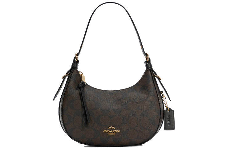 COACH Kleo Coated Canvas With Leather Shoulder Bag, Portable Crossbody Bag Women's Dark Brown