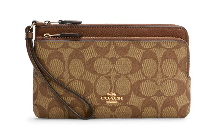 COACH Double Zip Wallet Leather Card Holder, Clutch Wallet Medium Women's Saddles Brown