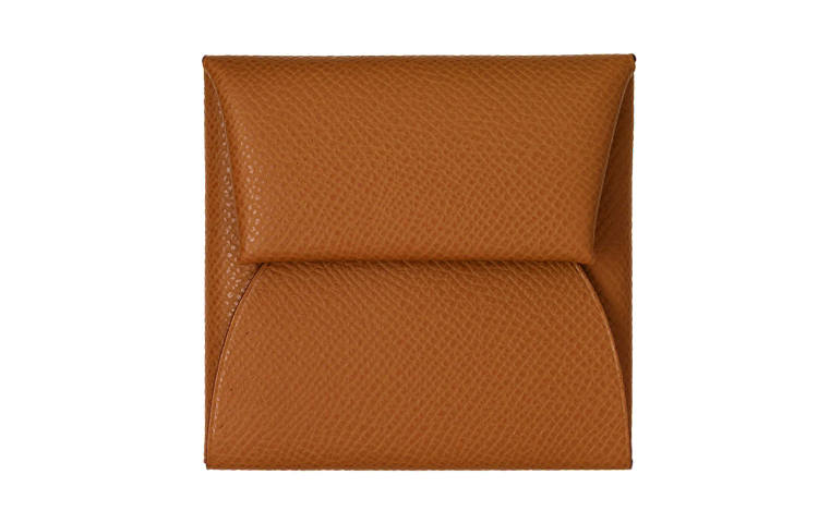 HERMES Bastia Silver Tone Buckle Epsom Calfskin Coin Purse Women's Gold Brown