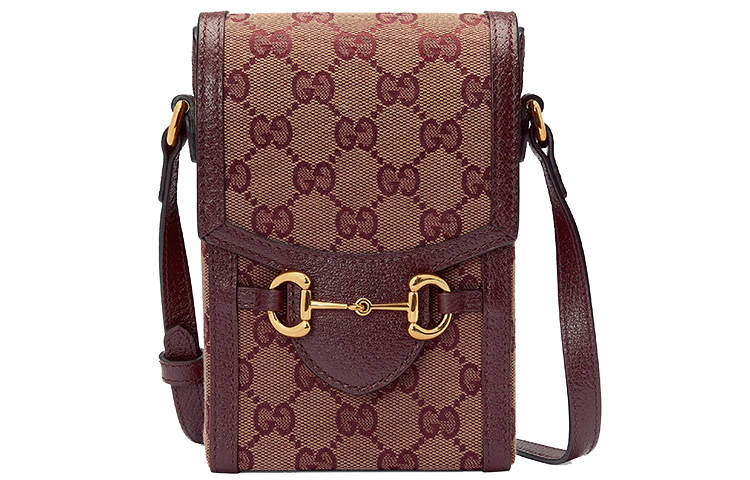 GUCCI Horsebit 1955 Canvas With Leather Cell Phone Pouch, Canvas Bag, Cigarette Case Bag, Shoulder Bag, Crossbody Bag