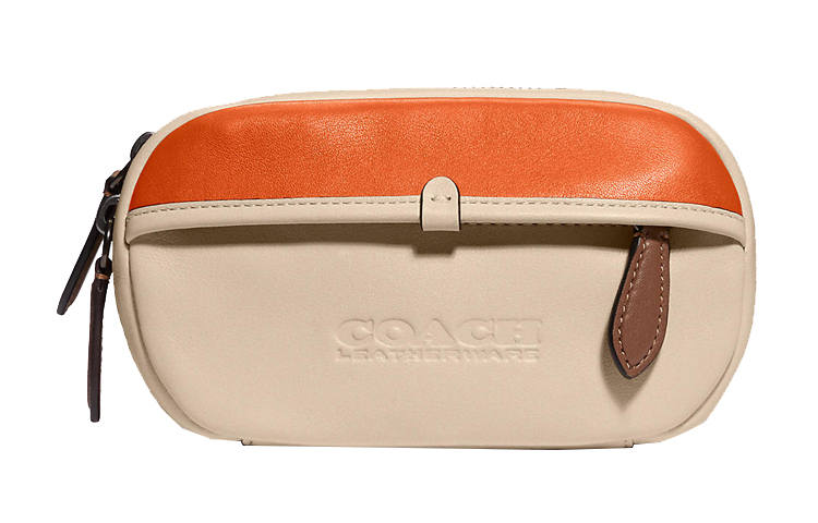 COACH Charter Calfskin, Canvas Crossbody Bag, Sling Bag, Fanny Pack Small Men's Ecru & Orange