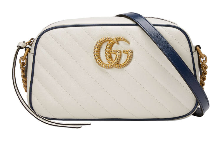 GUCCI Marmont Quilted Leather Camera Bag, Chain Bag, Crossbody Bag, Shoulder Bag Women's White & Blue