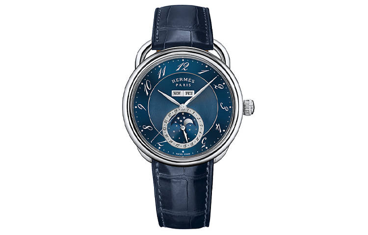 HERMES Arceau Grande Lune Wrist Watches Automatic Mechanical Movement Genuine Leather Strap Blue Dial Men's Watches