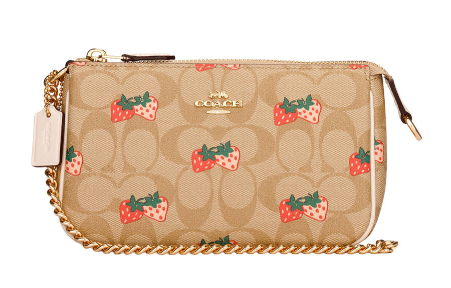 COACH Wristlet Leather Pochette One Shoulder Crossbody Chain Wrist Bag Clutch Small Women's Khaki