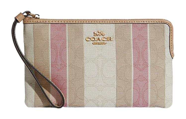 COACH Corner Zip Canvas Bag Clutch Wrist Bag Small Women's Khaki White & Pink