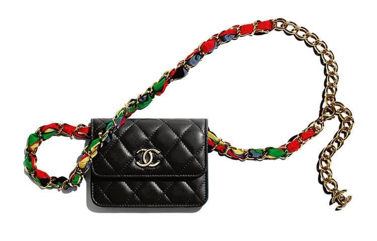 CHANEL Lambskin & Ribbon & Metal Rainbow Waist Chain Crossbody Bag, Fanny Pack Small Women's Black/Colorful