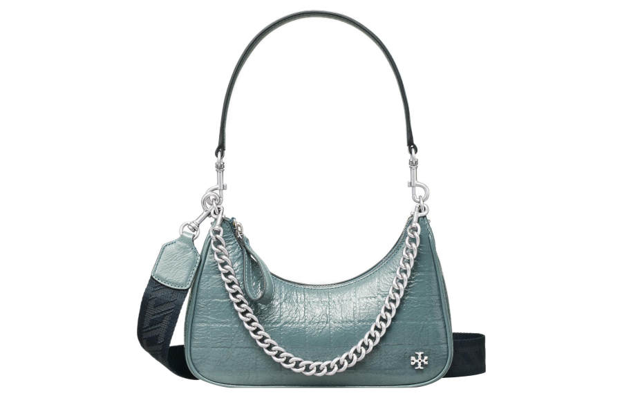TORY BURCH Mercer Patent Leather Shoulder Bag Women's Heavy Rain Blue