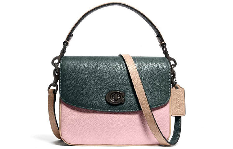 COACH Leather Messenger Bag, Handbag, Shoulder Bag, Crossbody Bag Small Women's Green & Cherry Blossom Pink