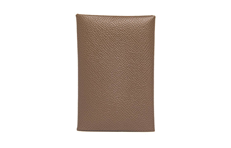HERMES Calvi Silver Tone Buckle Epsom Calfskin Business Card Holder, Wallet Card Holder Women's 18 Etoupe Elephant Gray