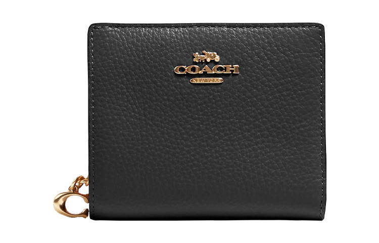 COACH Snap Wallet Pebbled Leather Coin Pocket Card Holder, Wallet Women's Gold/Black