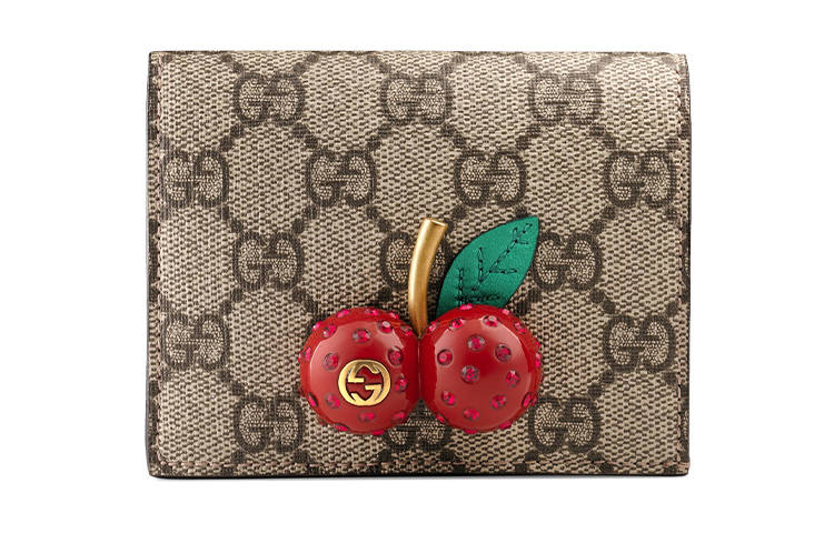 GUCCI GG Supreme Card Case Wallet With Cherries In GG Supreme