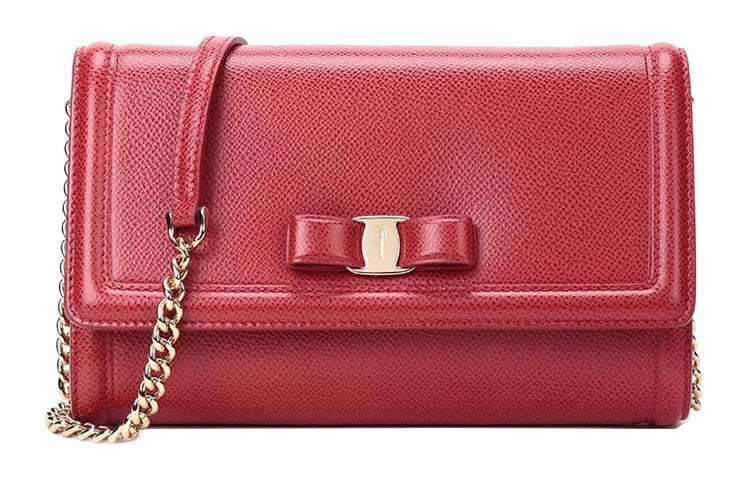 FERRAGAMO Gold tone Lock Cow Leather Bowknot Bag, Portable Crossbody Bag, Shoulder Bag Women's Red