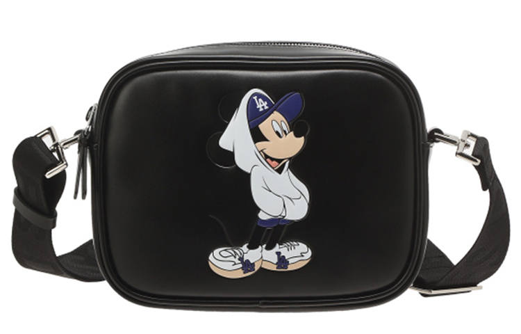 MLB X Disney Collaboration Leather Shoulder Bag, Crossbody Bag Unisex Black/Ivory White