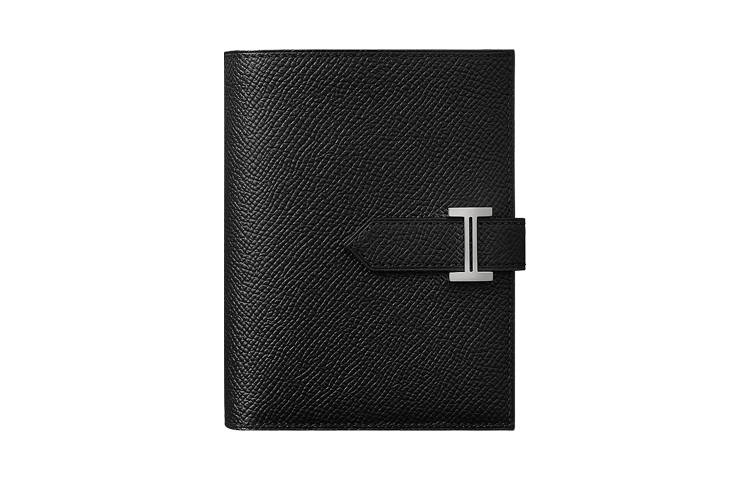 HERMES Bearn Silver Tone Buckle Epsom Calfskin Short Wallet Women's 89 Noir Black