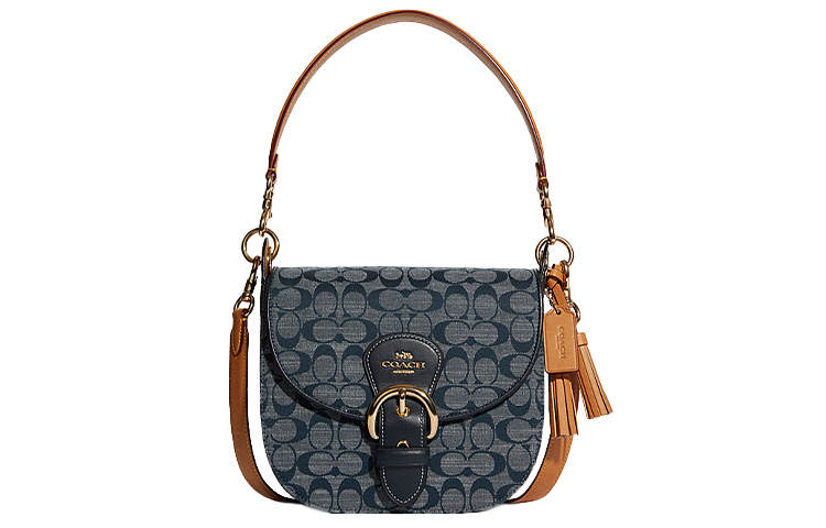COACH Kleo Fabric With Cow Leather Saddle Bag, Shoulder Bag Medium Women's Blue & Taupe