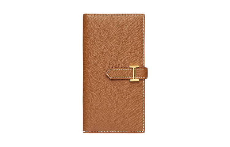 HERMES Bearn Cow Leather Wallet Women's Gold Brown