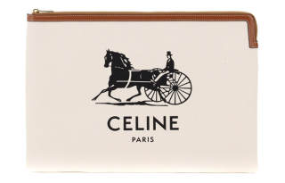 CELINE Cow Leather Canvas Clutch Large Women's White