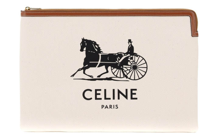CELINE CELINE Cow Leather Canvas Clutch Large Women's White