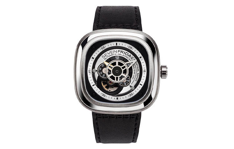 SEVENFRIDAY P Automatic Mechanical Movement Unisex Watch 47mm*47.6mm Black Dial Leather Strap