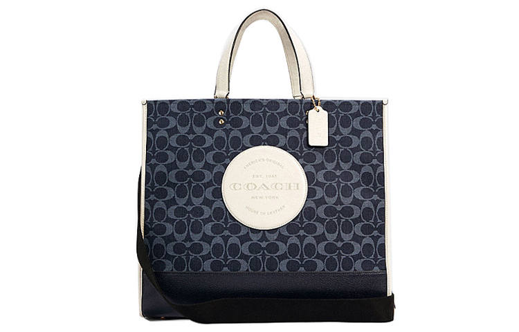 COACH Dempsey Jacquard Fabric With Pebbled Leather Handbag Large Women's Monogram Denim