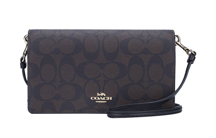 COACH Anna Coated Canvas With Leather Flap Shoulder Bag Small Women's Dark Brown