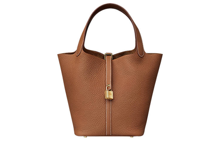 HERMES Picotin Lock Clemence Bullock Leather Basket Bag, Bucket Bag, Handbag 22 Women's 37 Gold Brown