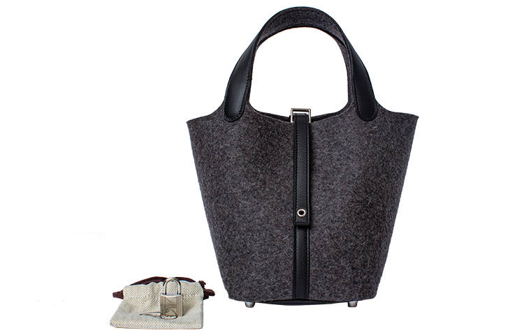 HERMES Picotin Lock Felt With Swift Leather Basket Bag, Bucket Bag, Handbag 18 Women's Gray & Black
